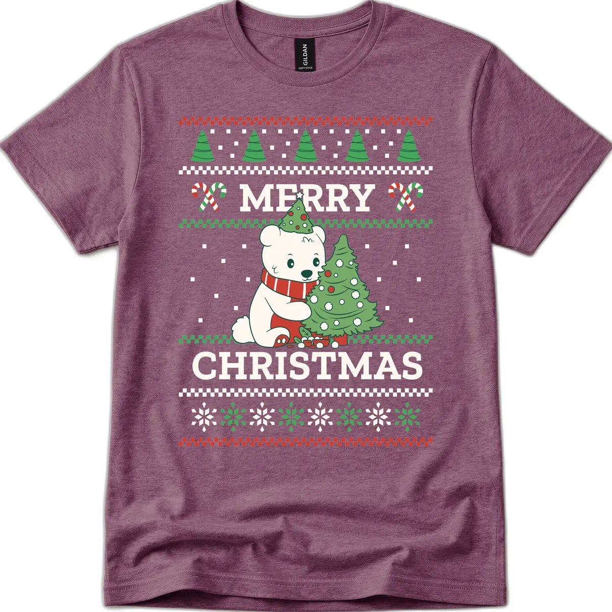 Polar Bear Merry Christmas Sweater T-Shirt in Heather Maroon