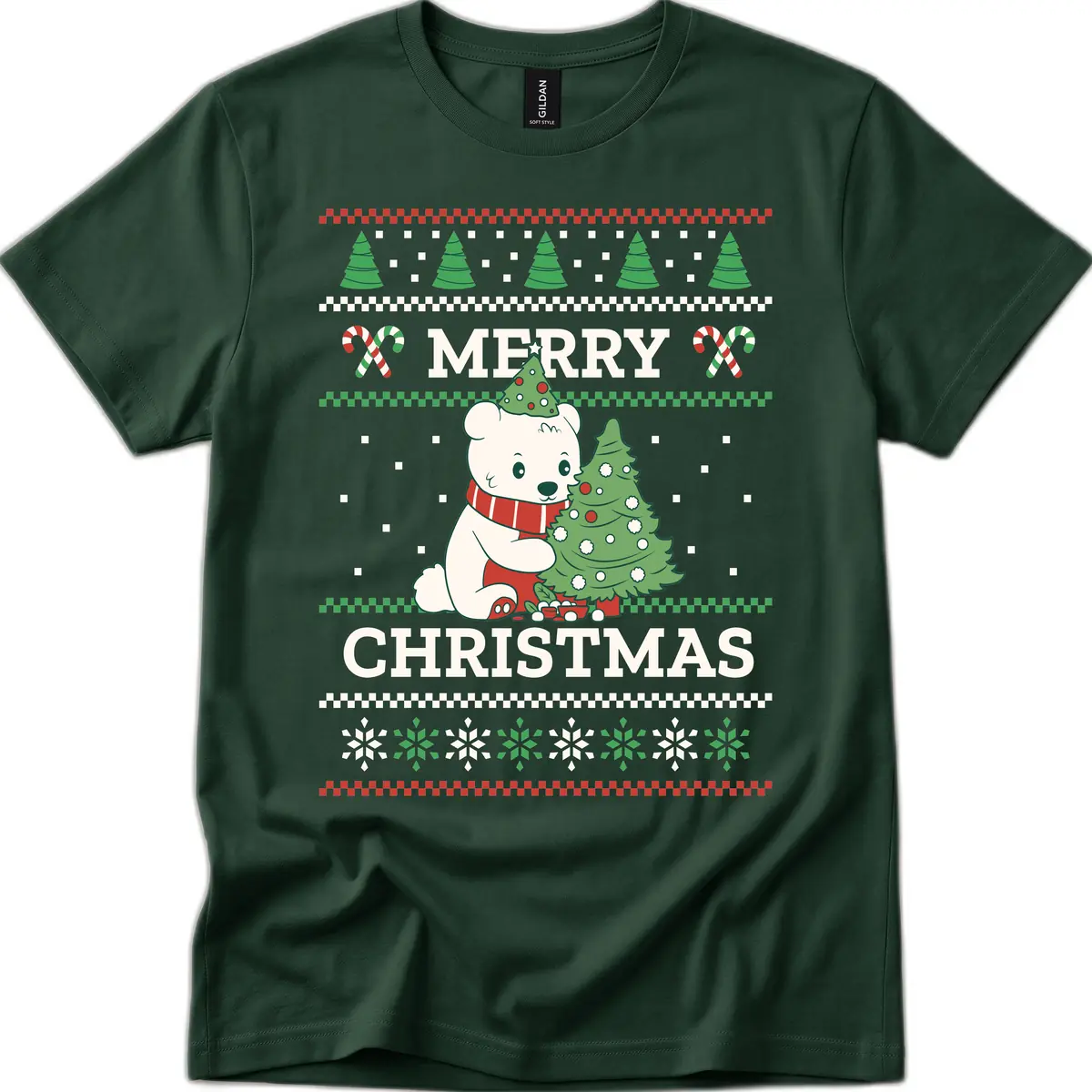 Polar Bear Merry Christmas Sweater T-Shirt in Forest Green