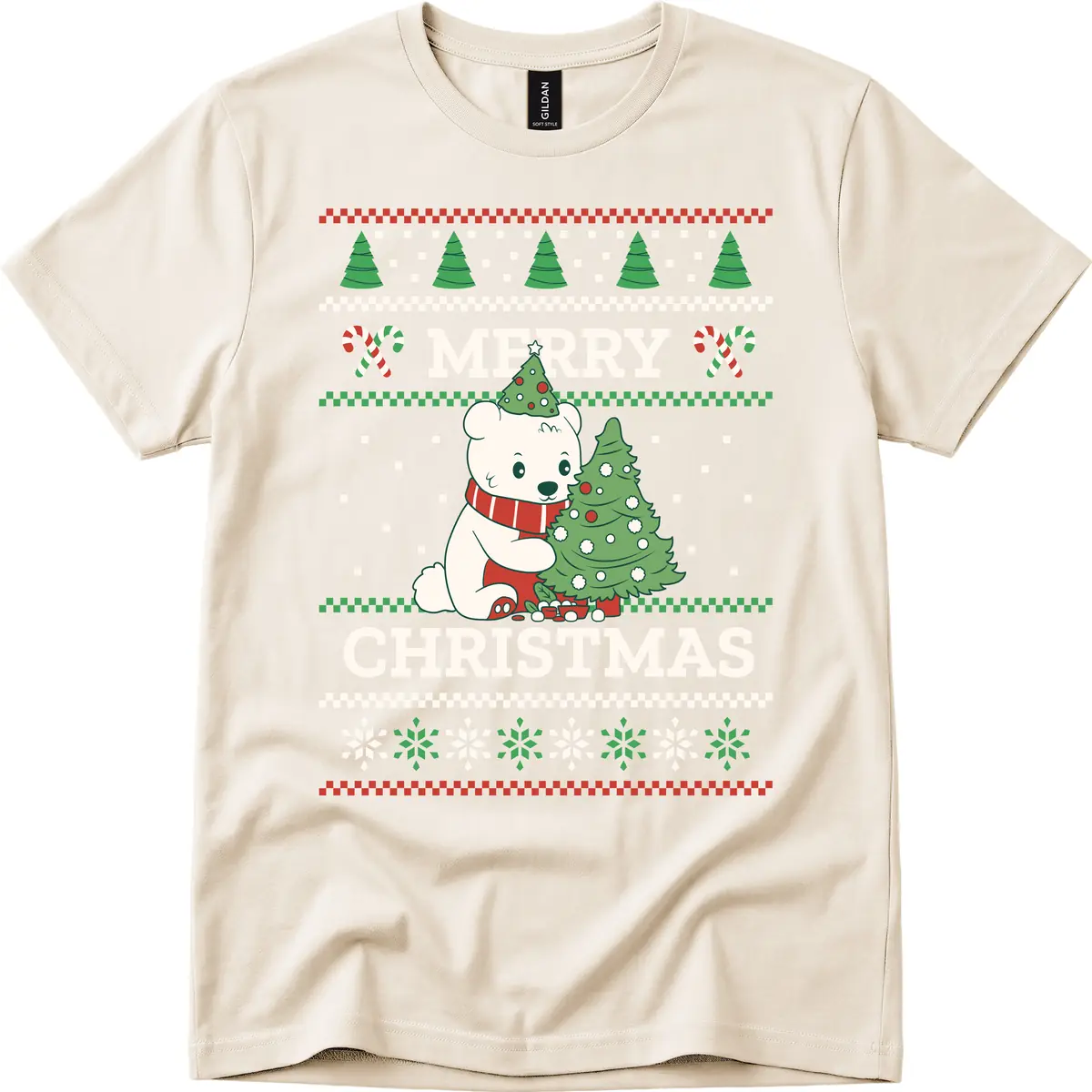 Polar Bear Merry Christmas Sweater T-Shirt in Natural