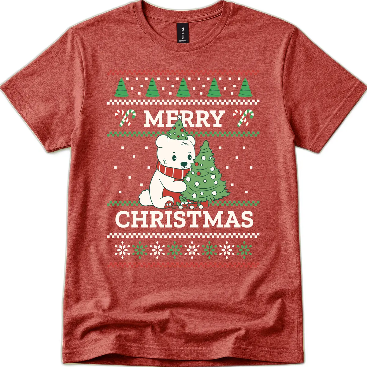 Polar Bear Merry Christmas Sweater T-Shirt in Heather Cardinal