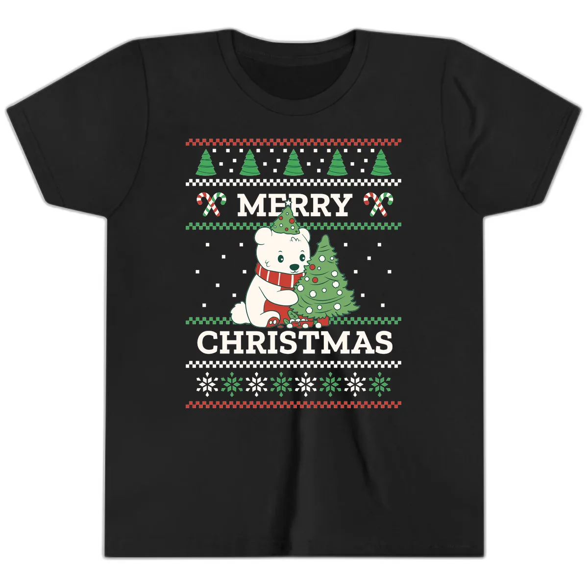 Polar Bear Merry Christmas Sweater Youth T-Shirt in Black