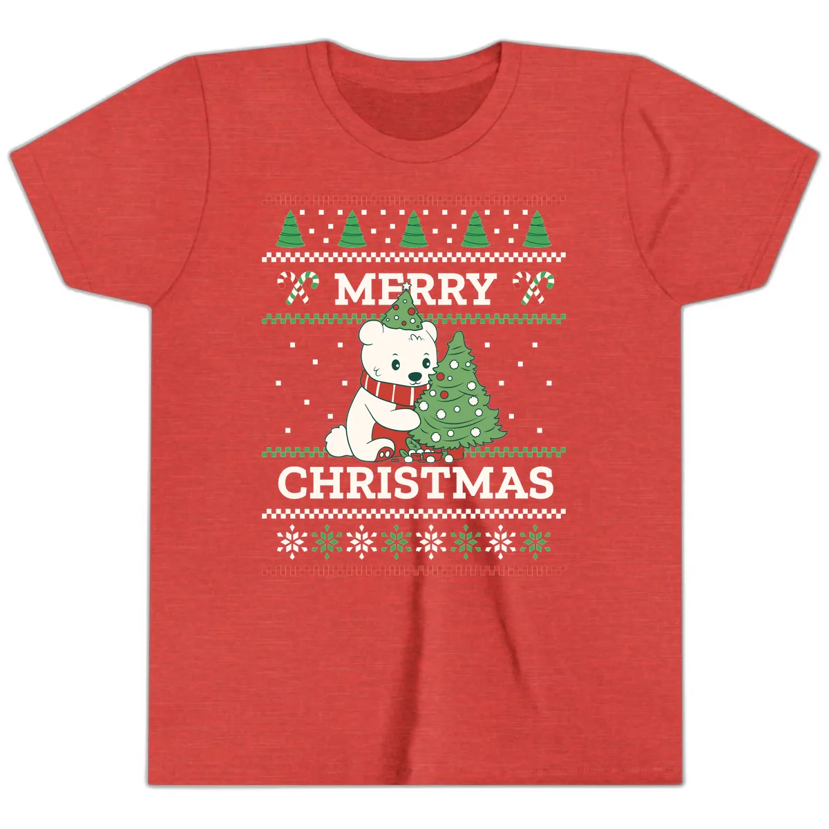 Polar Bear Merry Christmas Sweater Youth T-Shirt in Heather Red