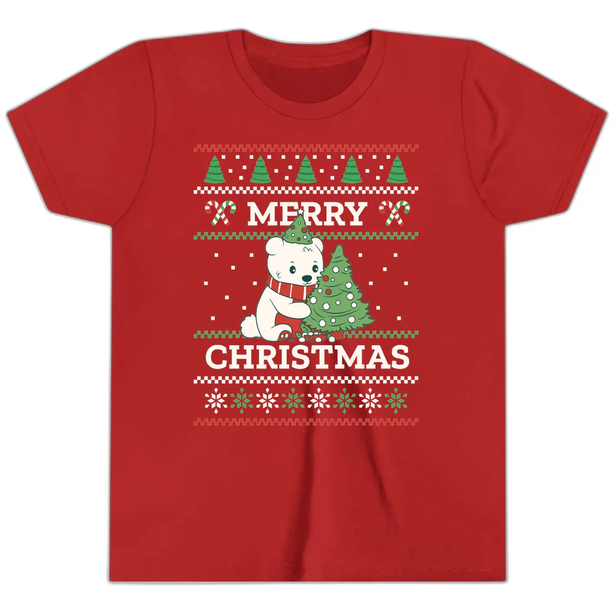 Polar Bear Merry Christmas Sweater Youth T-Shirt in Red