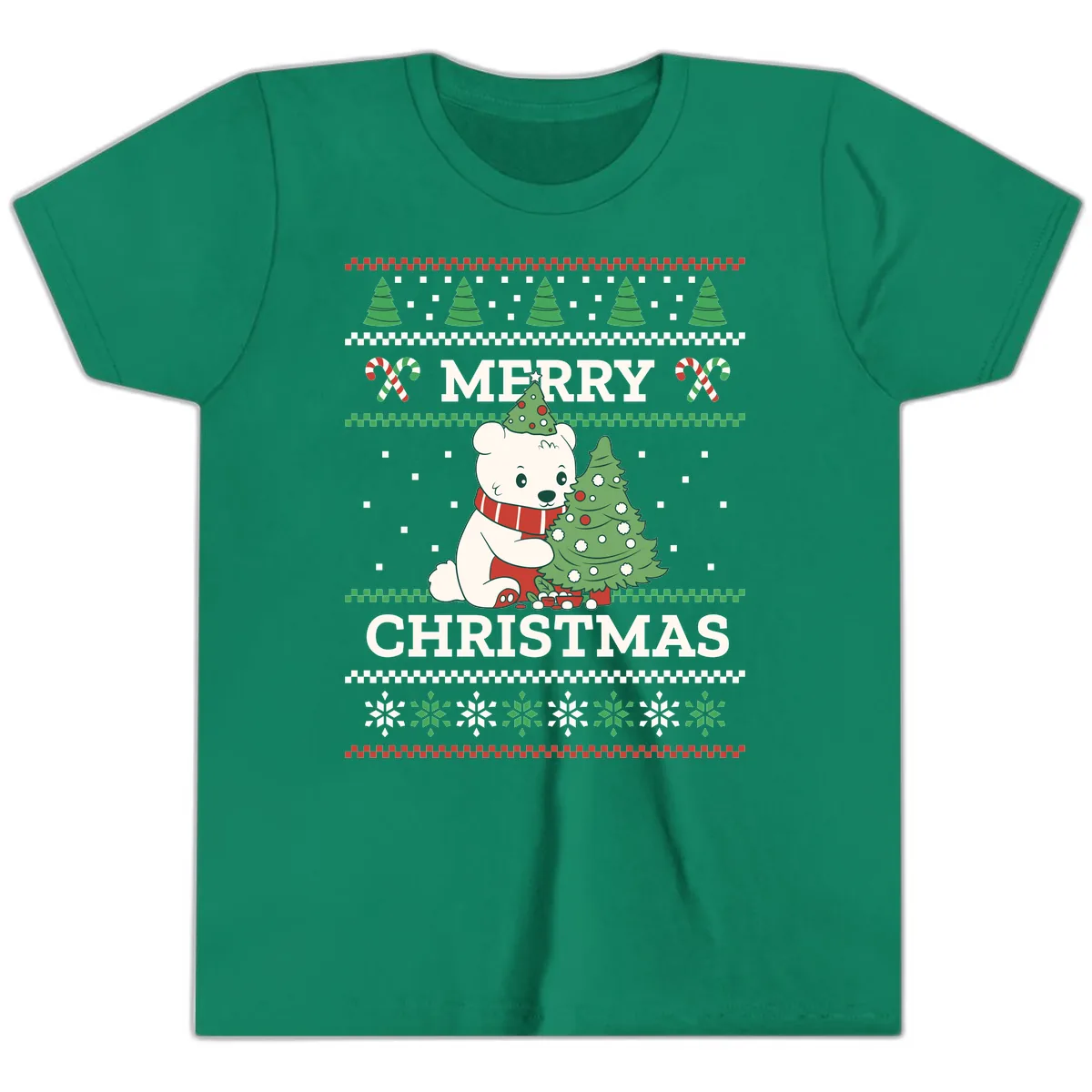 Polar Bear Merry Christmas Sweater Youth T-Shirt in Kelly