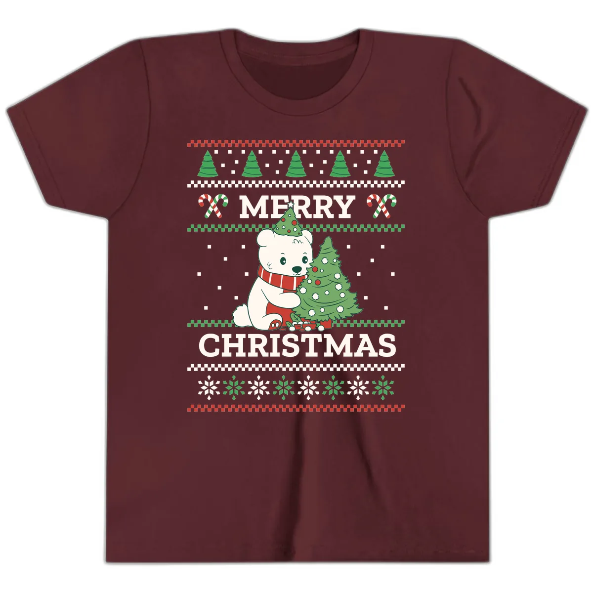 Polar Bear Merry Christmas Sweater Youth T-Shirt in Maroon