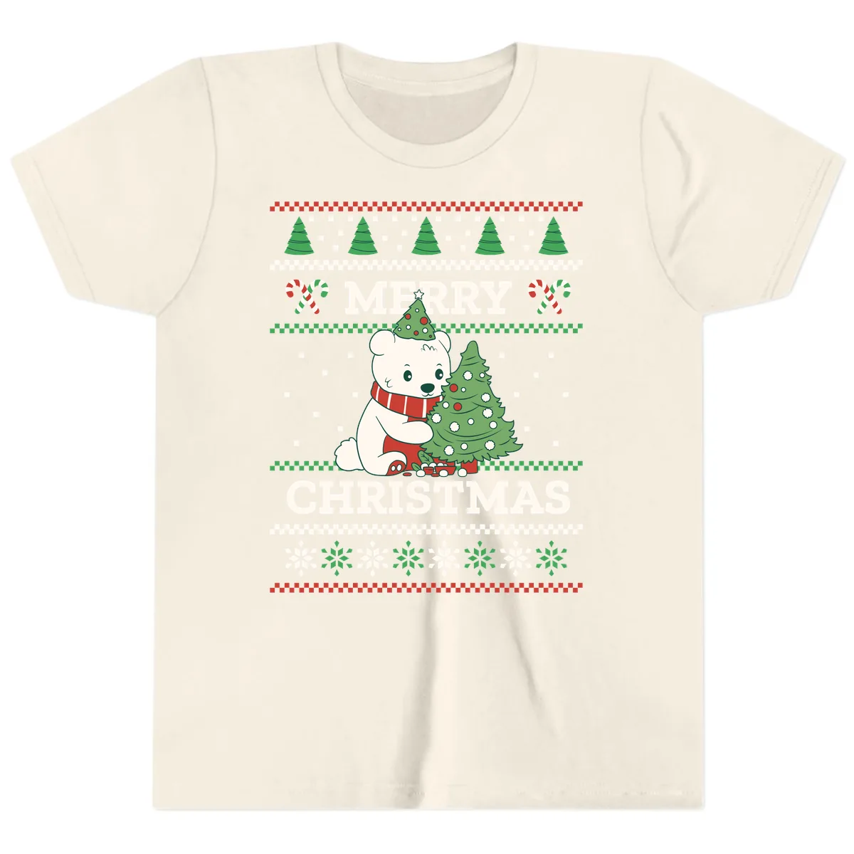 Polar Bear Merry Christmas Sweater Youth T-Shirt in Natural