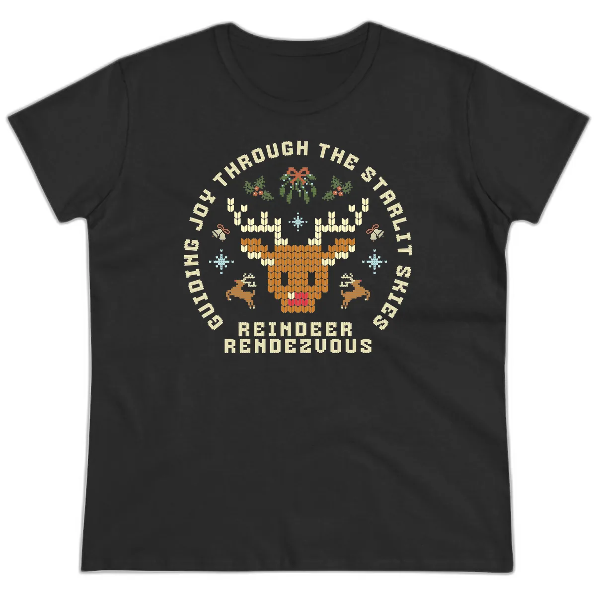 Ugly Christmas Reindeer Rendezvous Apparel Ladies Tee in Black