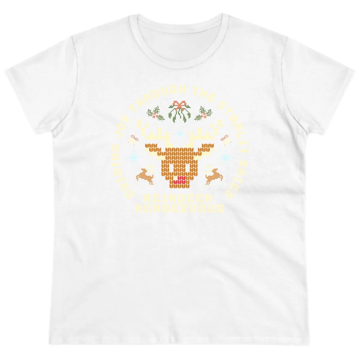 Ugly Christmas Reindeer Rendezvous Apparel Ladies Tee in White