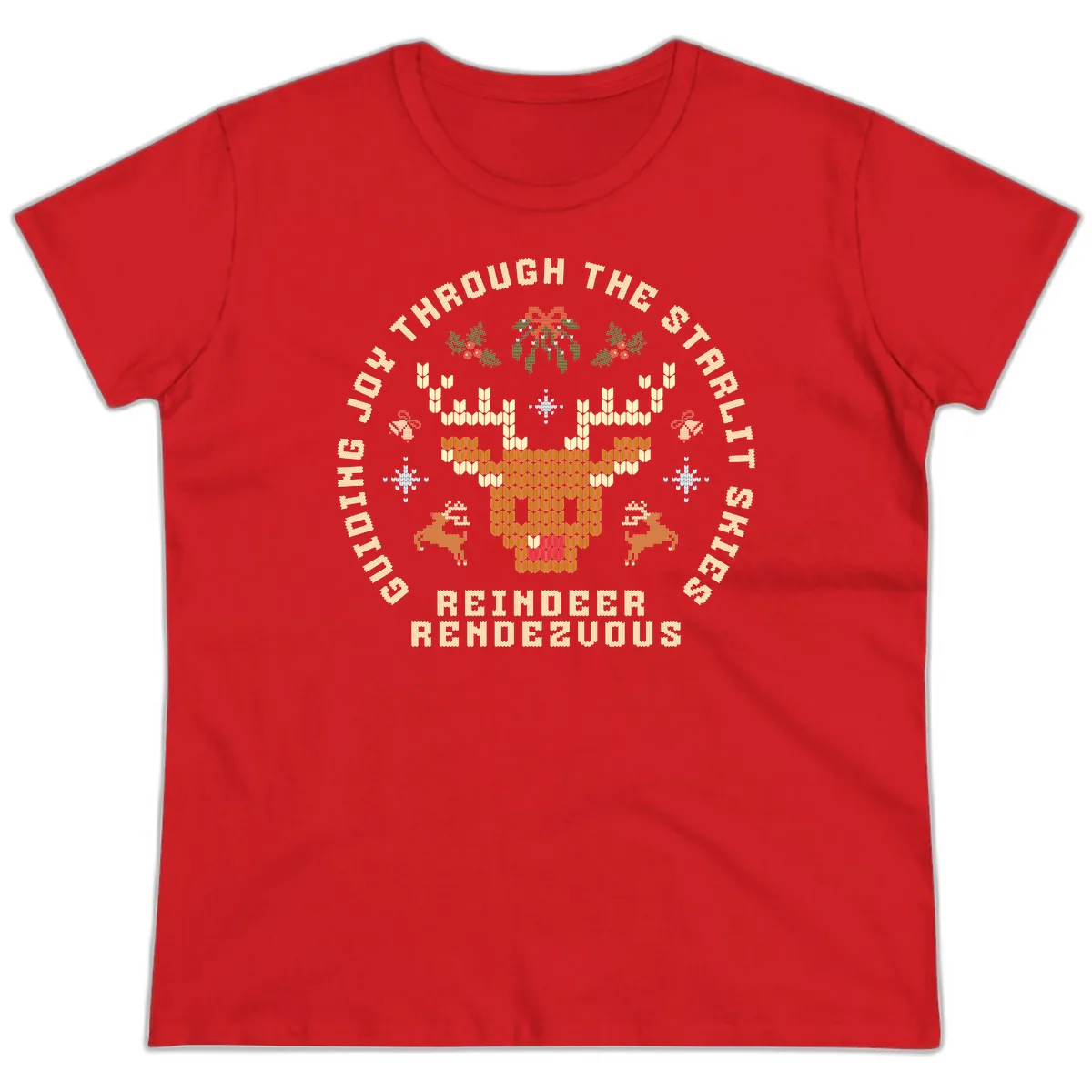 Ugly Christmas Reindeer Rendezvous Apparel Ladies Tee in Red