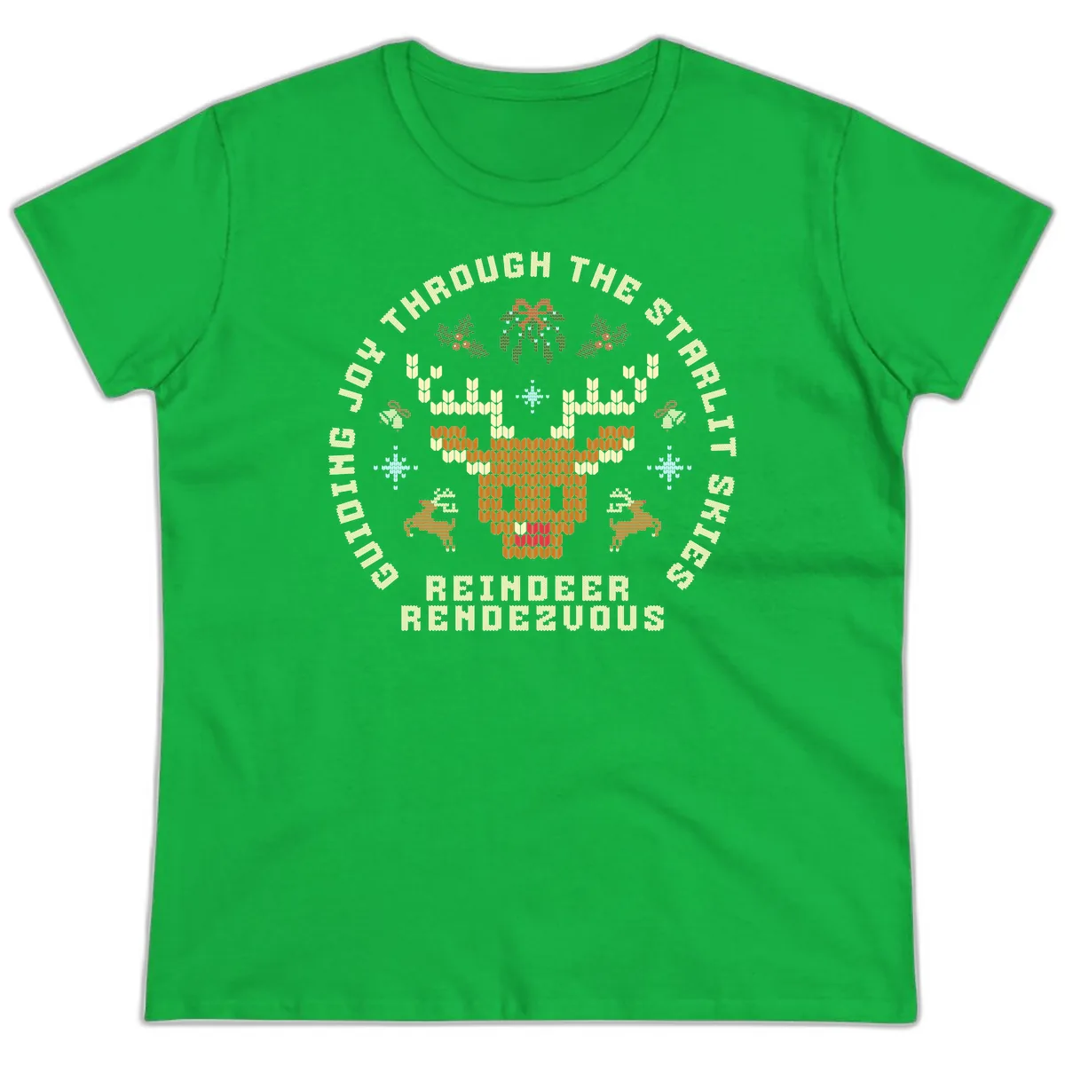 Ugly Christmas Reindeer Rendezvous Apparel Ladies Tee in Irish Green