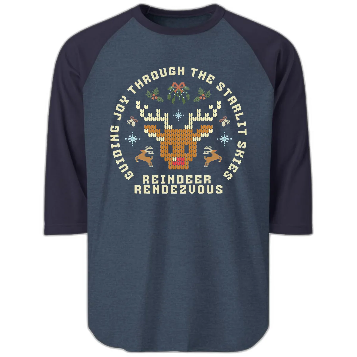 Ugly Christmas Reindeer Rendezvous Apparel Raglan 3/4 in Heather Denim Navy