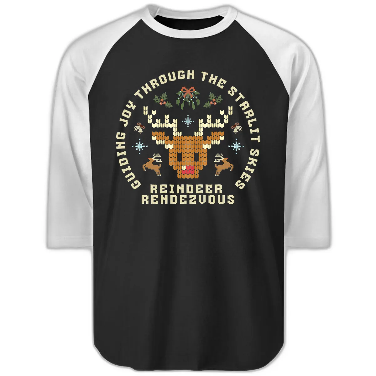 Ugly Christmas Reindeer Rendezvous Apparel Raglan 3/4 in Black White