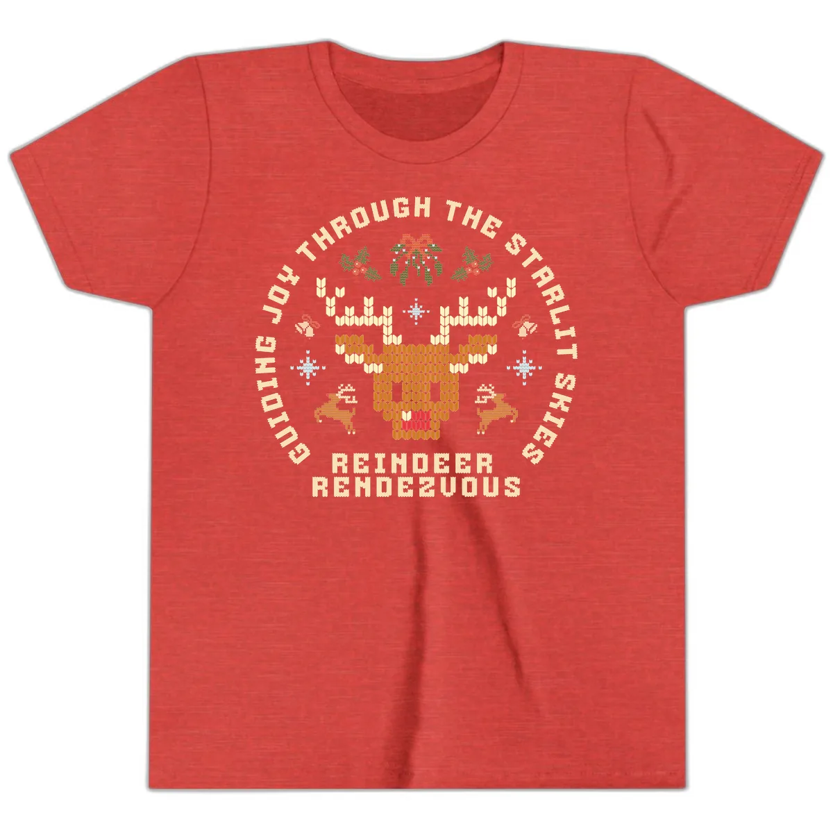 Ugly Christmas Reindeer Rendezvous Apparel Youth T-Shirt in Heather Red