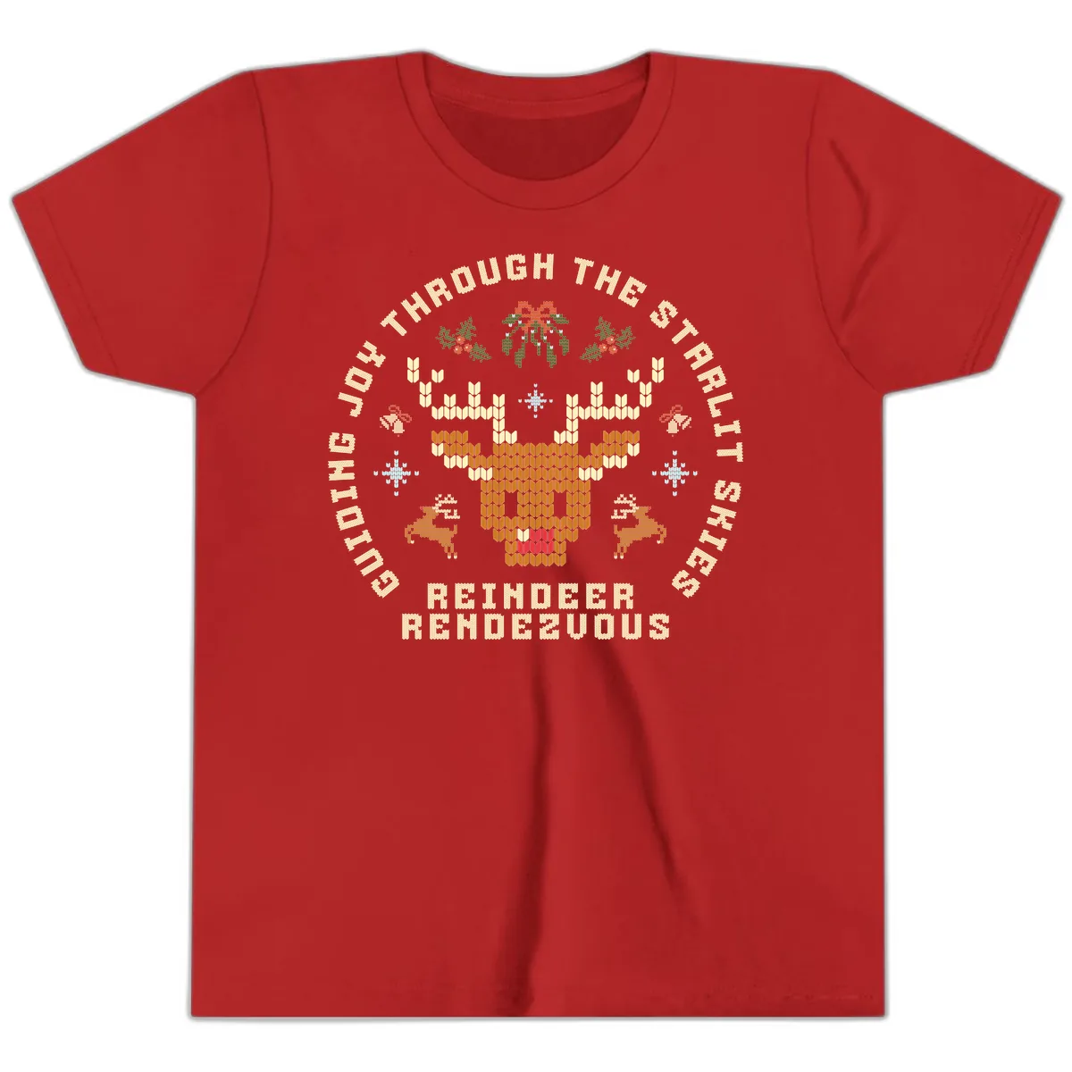 Ugly Christmas Reindeer Rendezvous Apparel Youth T-Shirt in Red