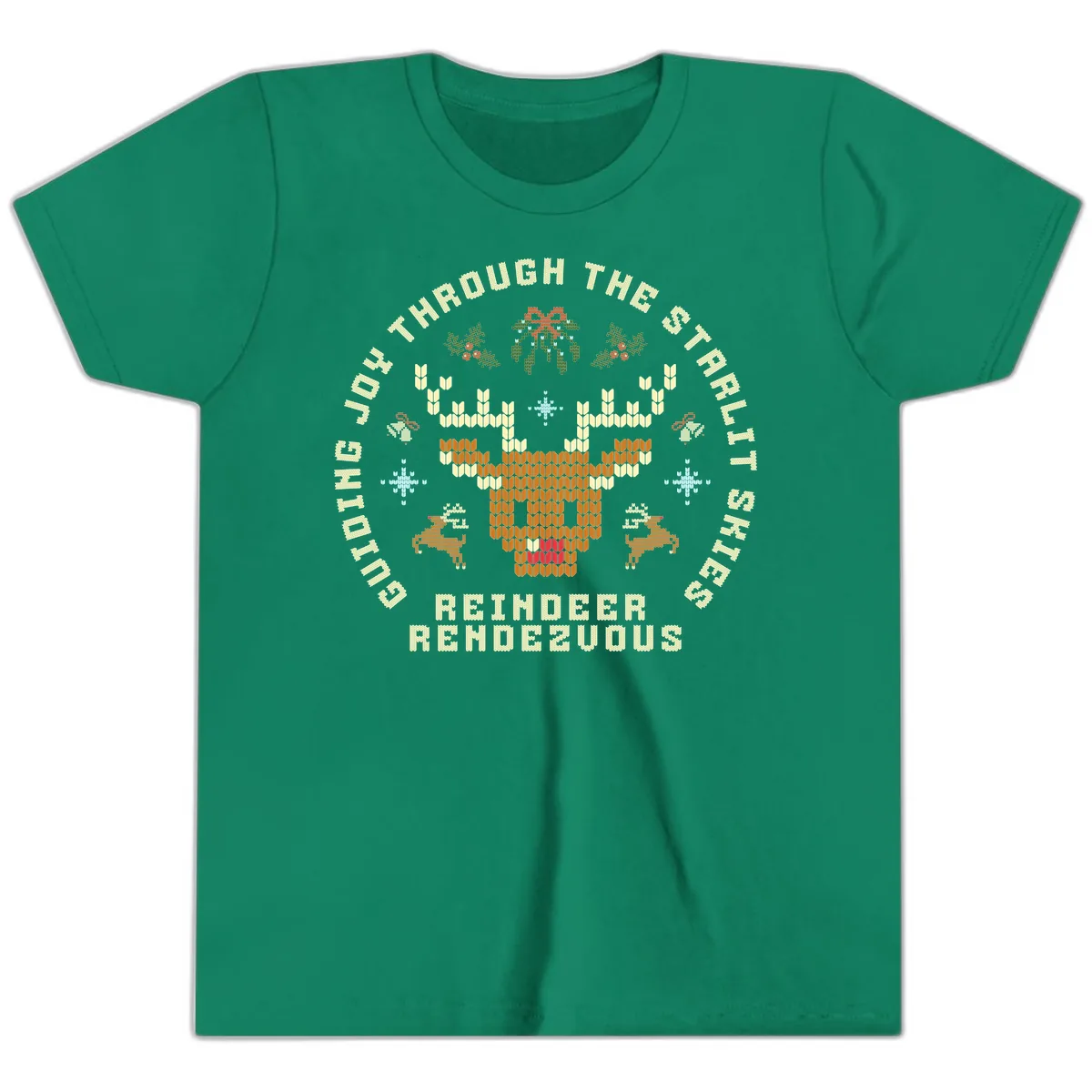 Ugly Christmas Reindeer Rendezvous Apparel Youth T-Shirt in Kelly