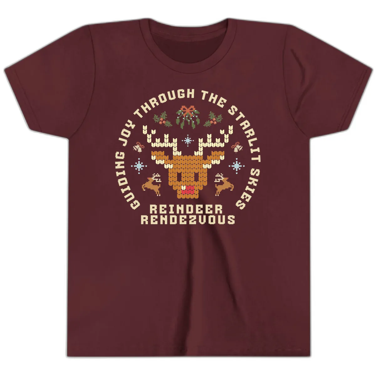 Ugly Christmas Reindeer Rendezvous Apparel Youth T-Shirt in Maroon