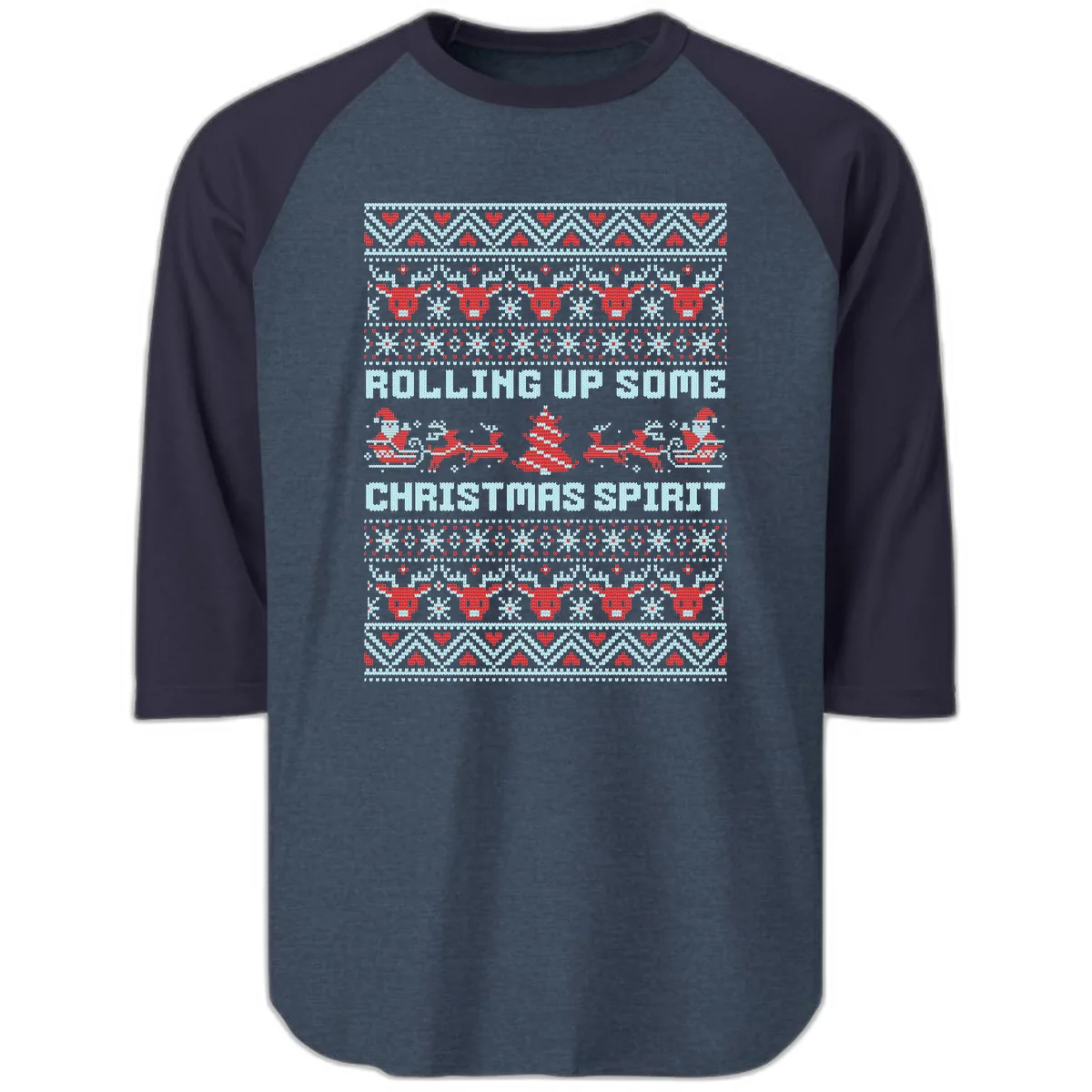 Rolling Up Some Christmas Spirit Raglan 3/4 in Heather Denim Navy