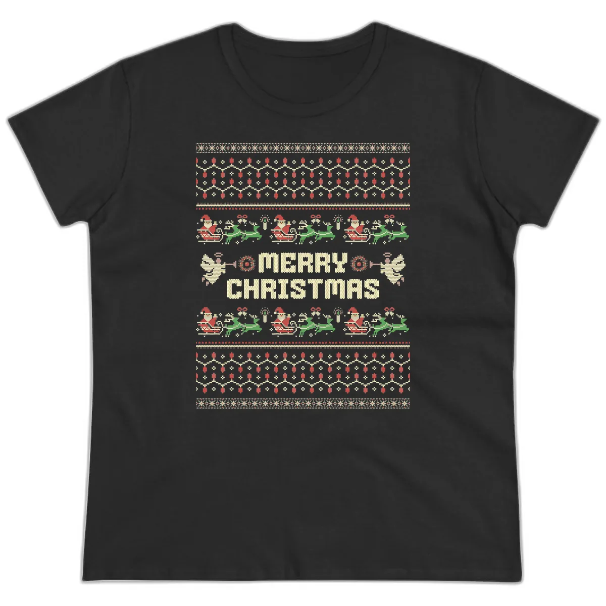 Ugly Christmas Sweater Merry Christmas Ladies Tee in Black