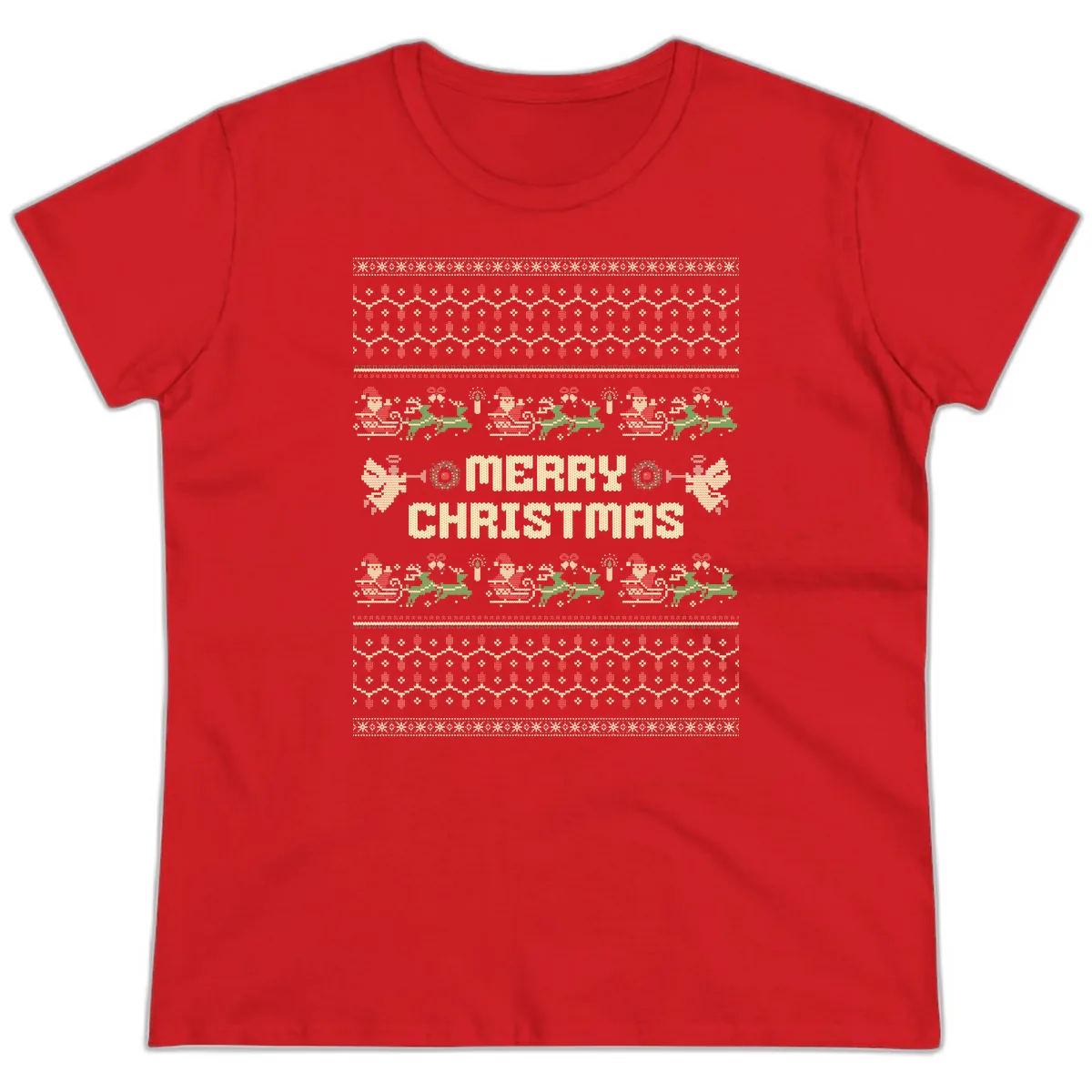 Ugly Christmas Sweater Merry Christmas Ladies Tee in Red