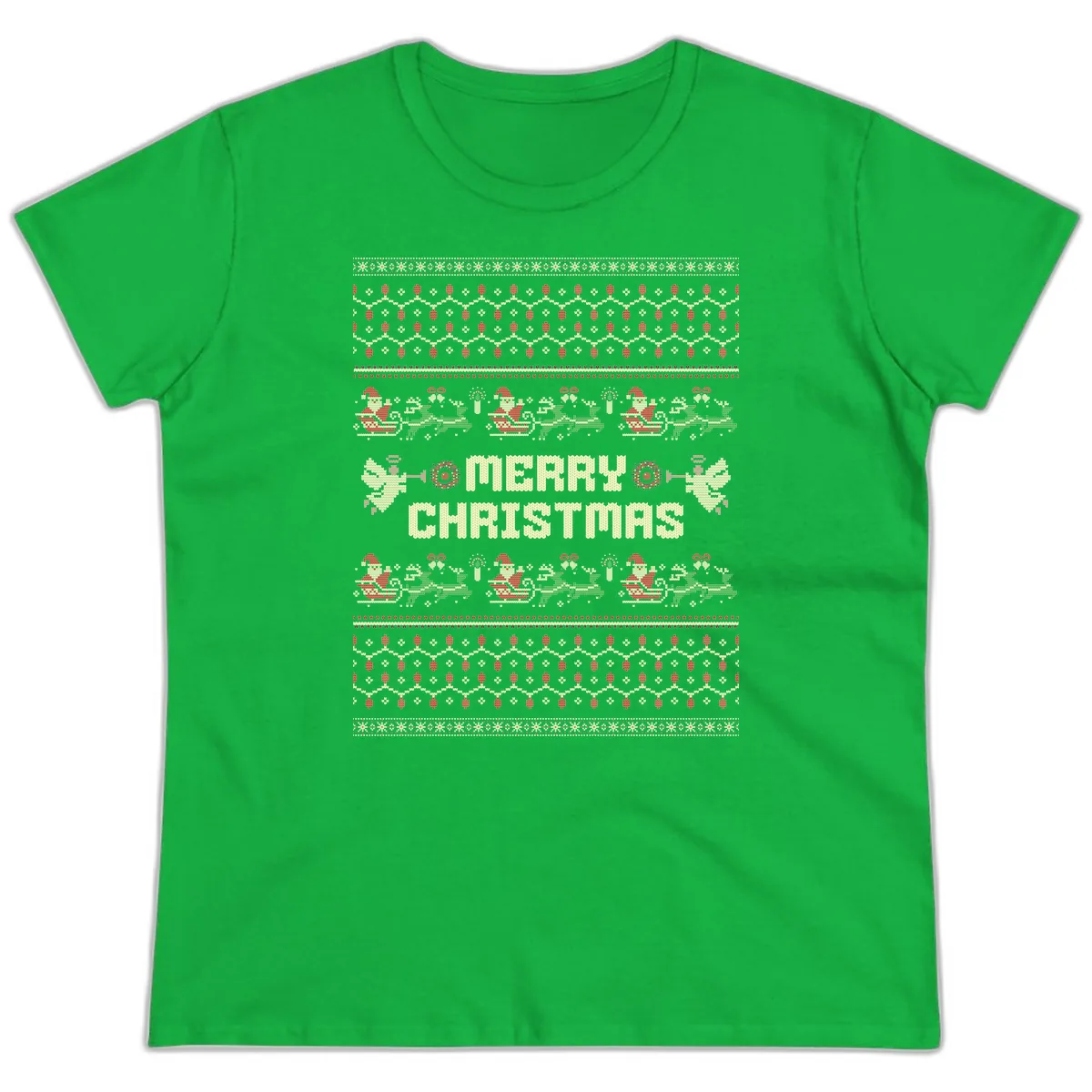 Ugly Christmas Sweater Merry Christmas Ladies Tee in Irish Green