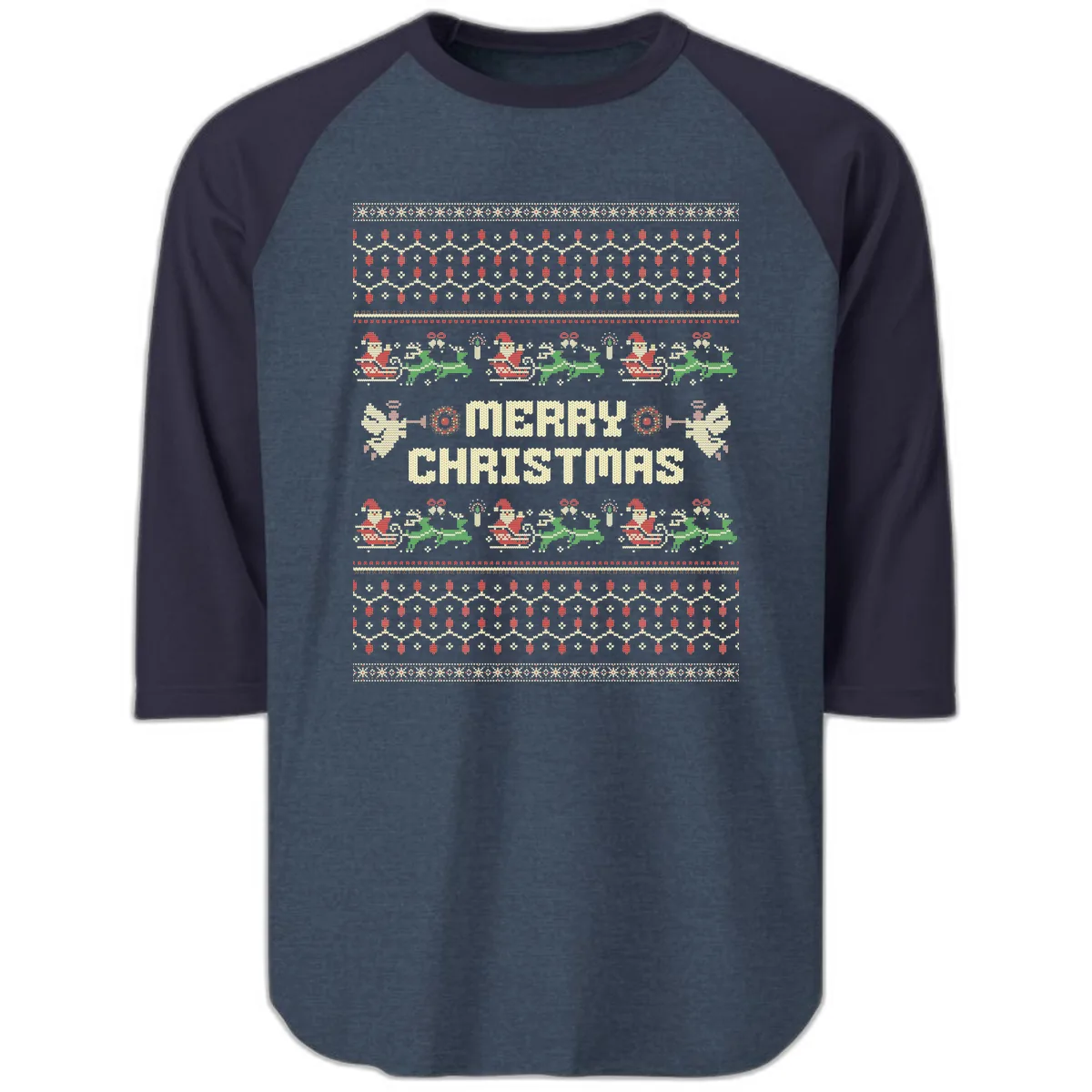 Ugly Christmas Sweater Merry Christmas Raglan 3/4 in Heather Denim Navy