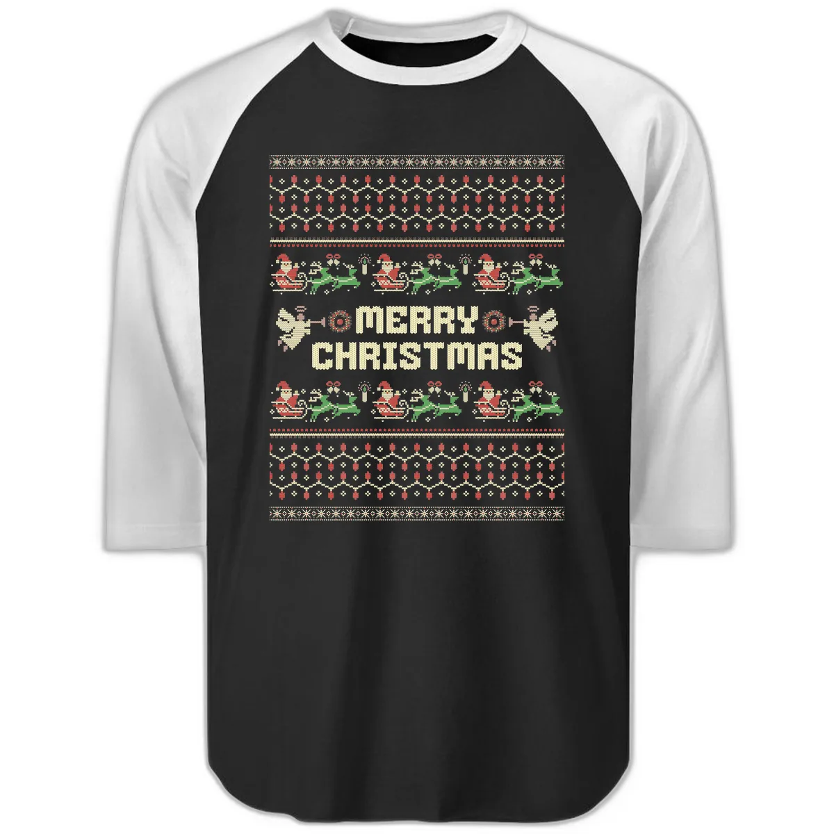 Ugly Christmas Sweater Merry Christmas Raglan 3/4 in Black White