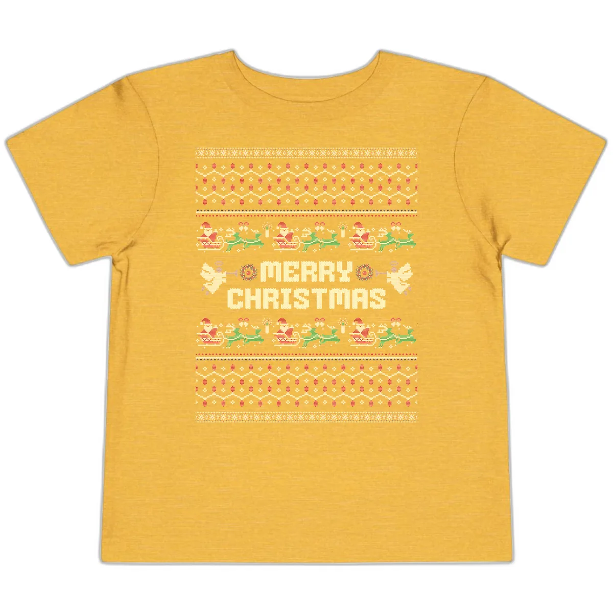 Ugly Christmas Sweater Merry Christmas Toddler T-Shirt in Heather Yellow Gold