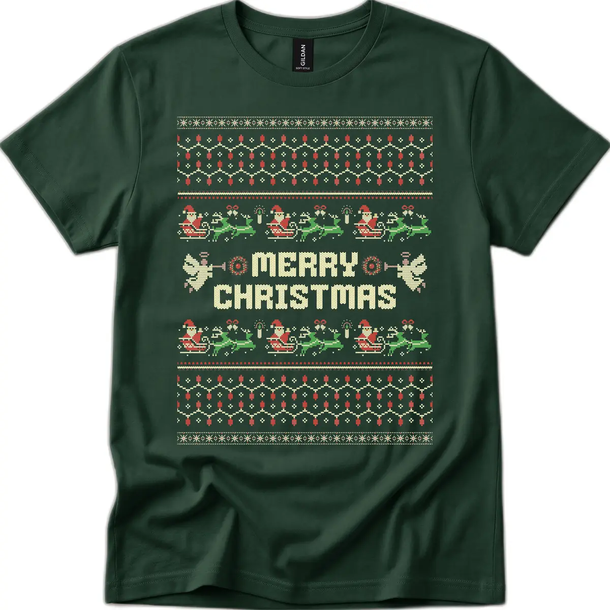 Ugly Christmas Sweater Merry Christmas T-Shirt in Forest Green