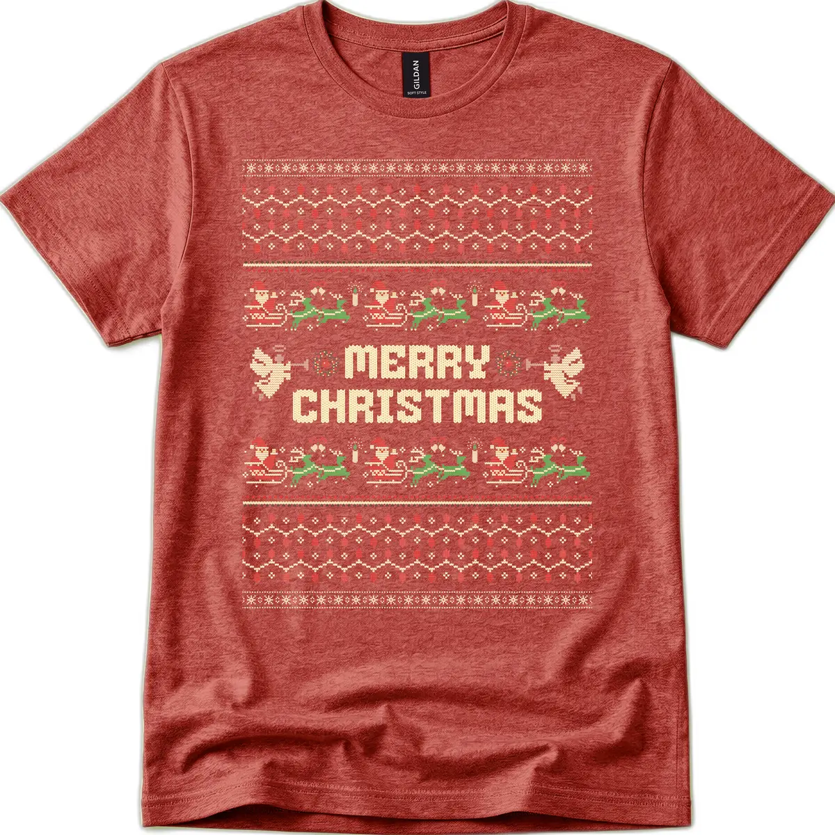 Ugly Christmas Sweater Merry Christmas T-Shirt in Heather Cardinal