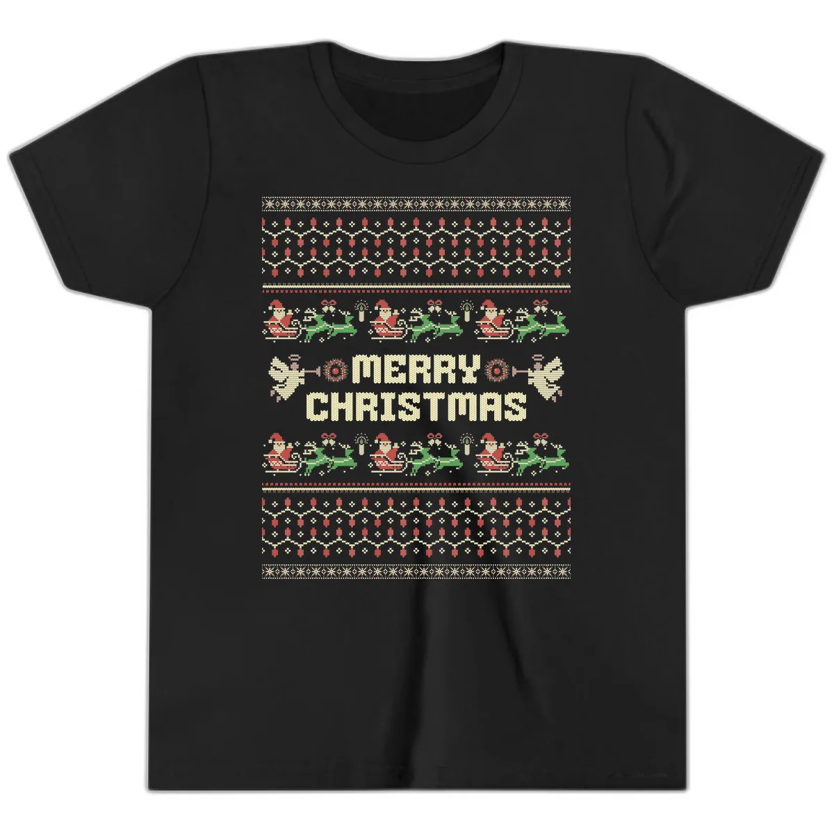 Ugly Christmas Sweater Merry Christmas Youth T-Shirt in Black