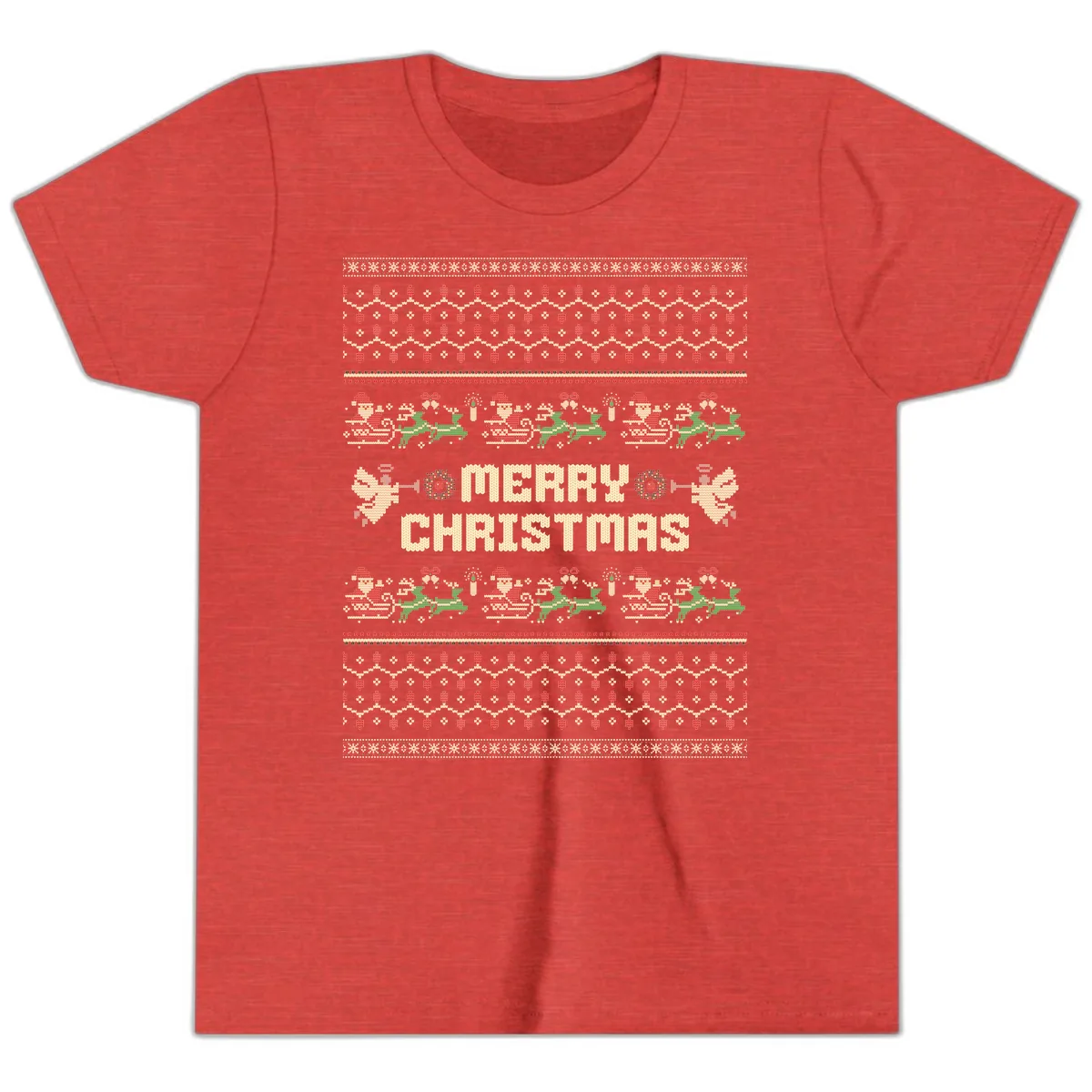 Ugly Christmas Sweater Merry Christmas Youth T-Shirt in Heather Red