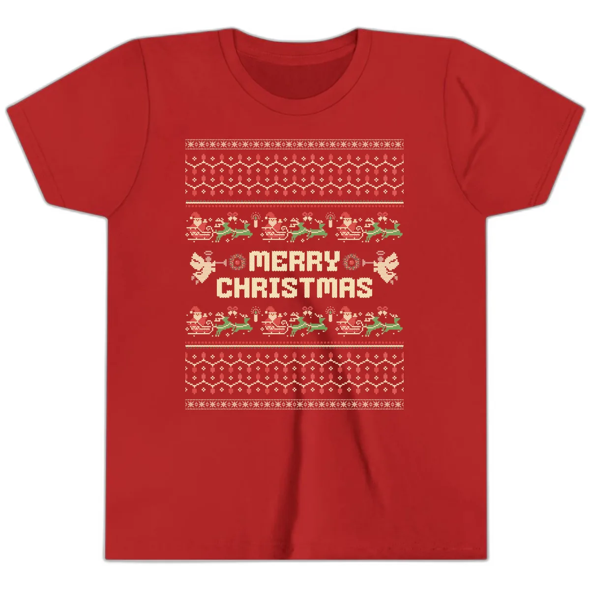 Ugly Christmas Sweater Merry Christmas Youth T-Shirt in Red