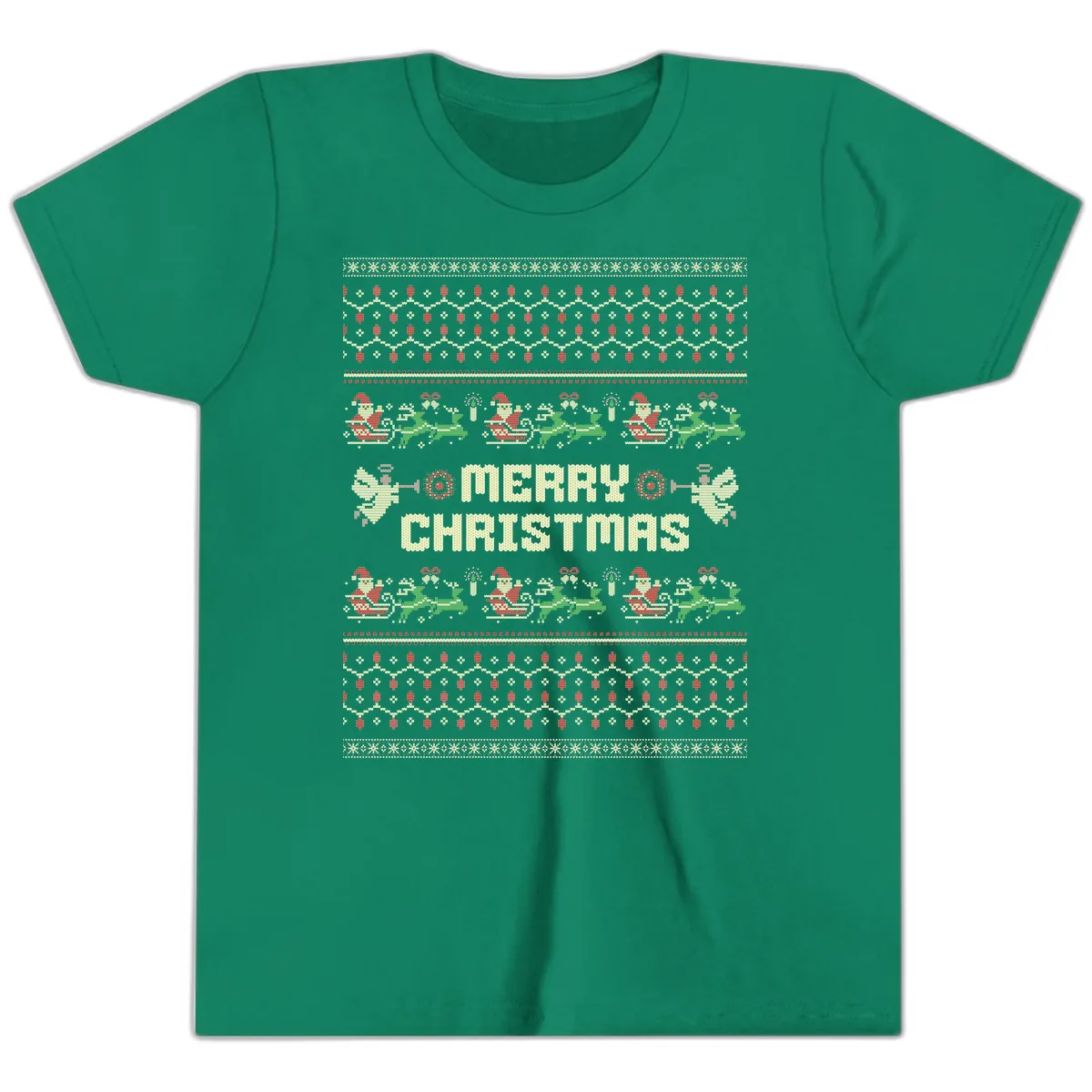 Ugly Christmas Sweater Merry Christmas Youth T-Shirt in Kelly