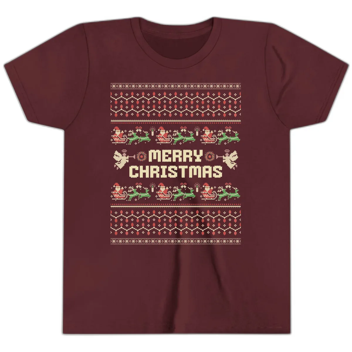 Ugly Christmas Sweater Merry Christmas Youth T-Shirt in Maroon