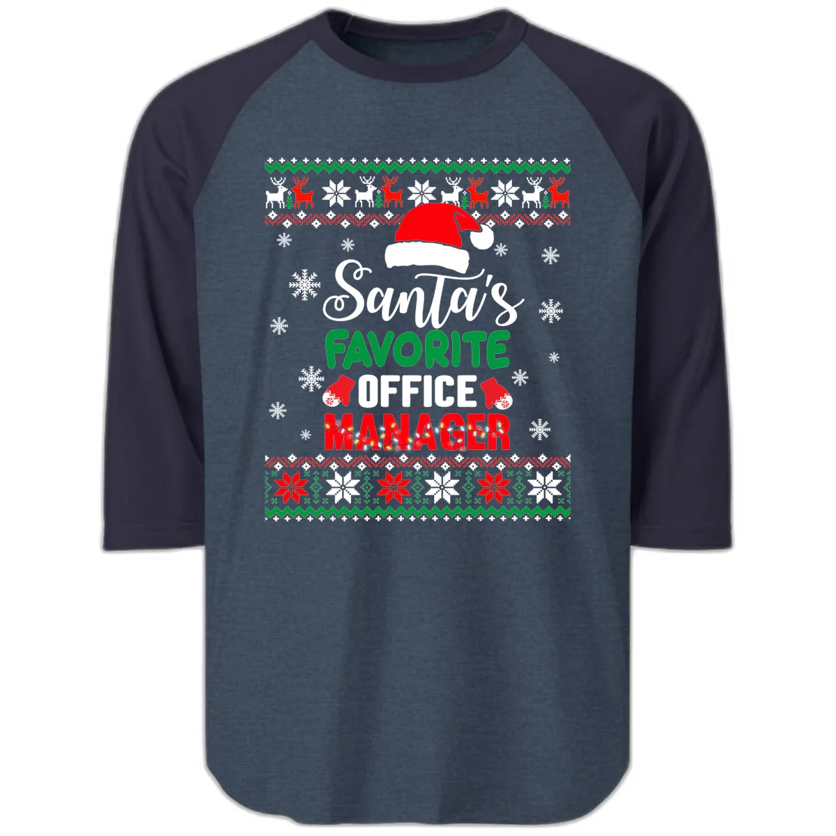 Santa's Favorite Office Manager Raglan 3/4 in Heather Denim Navy