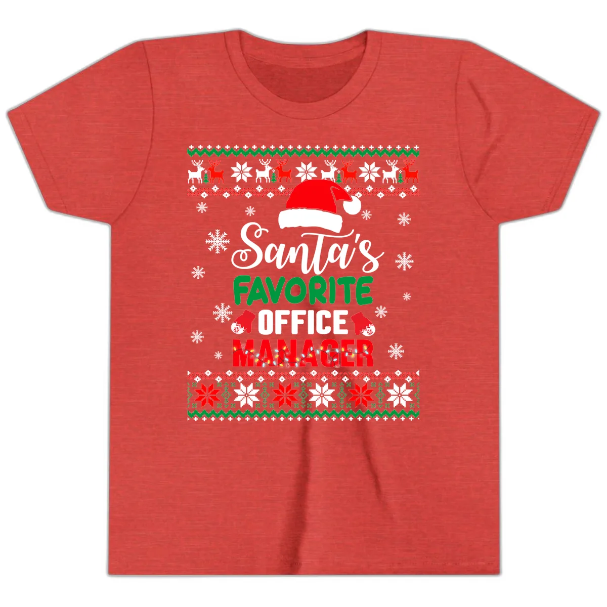 Santa's Favorite Office Manager Youth T-Shirt in Heather Red