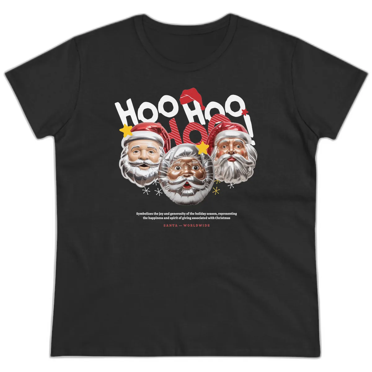 Hoo Hoo Hoo Santa Faces Ladies Tee in Black