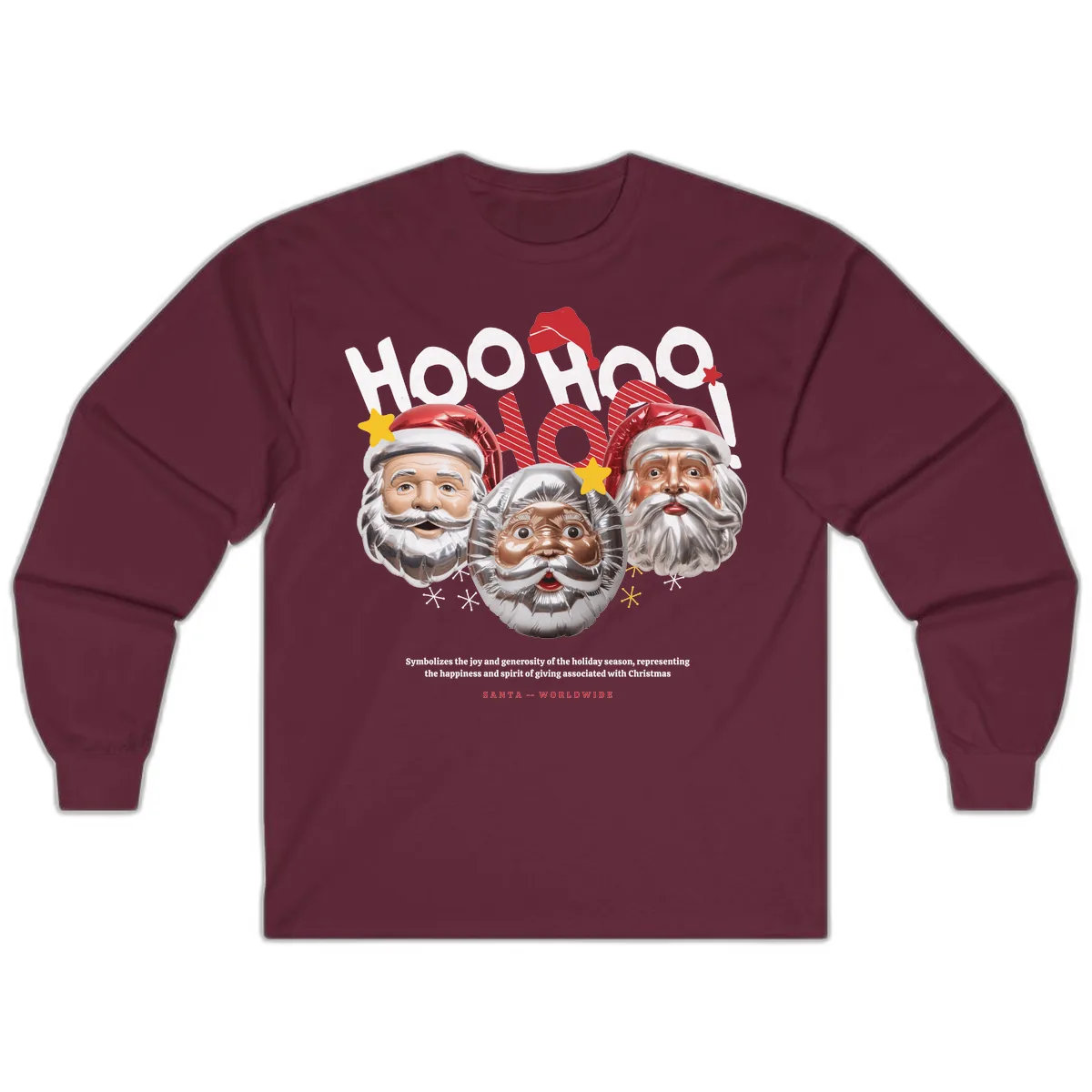 Hoo Hoo Hoo Santa Faces Long Sleeve in Maroon