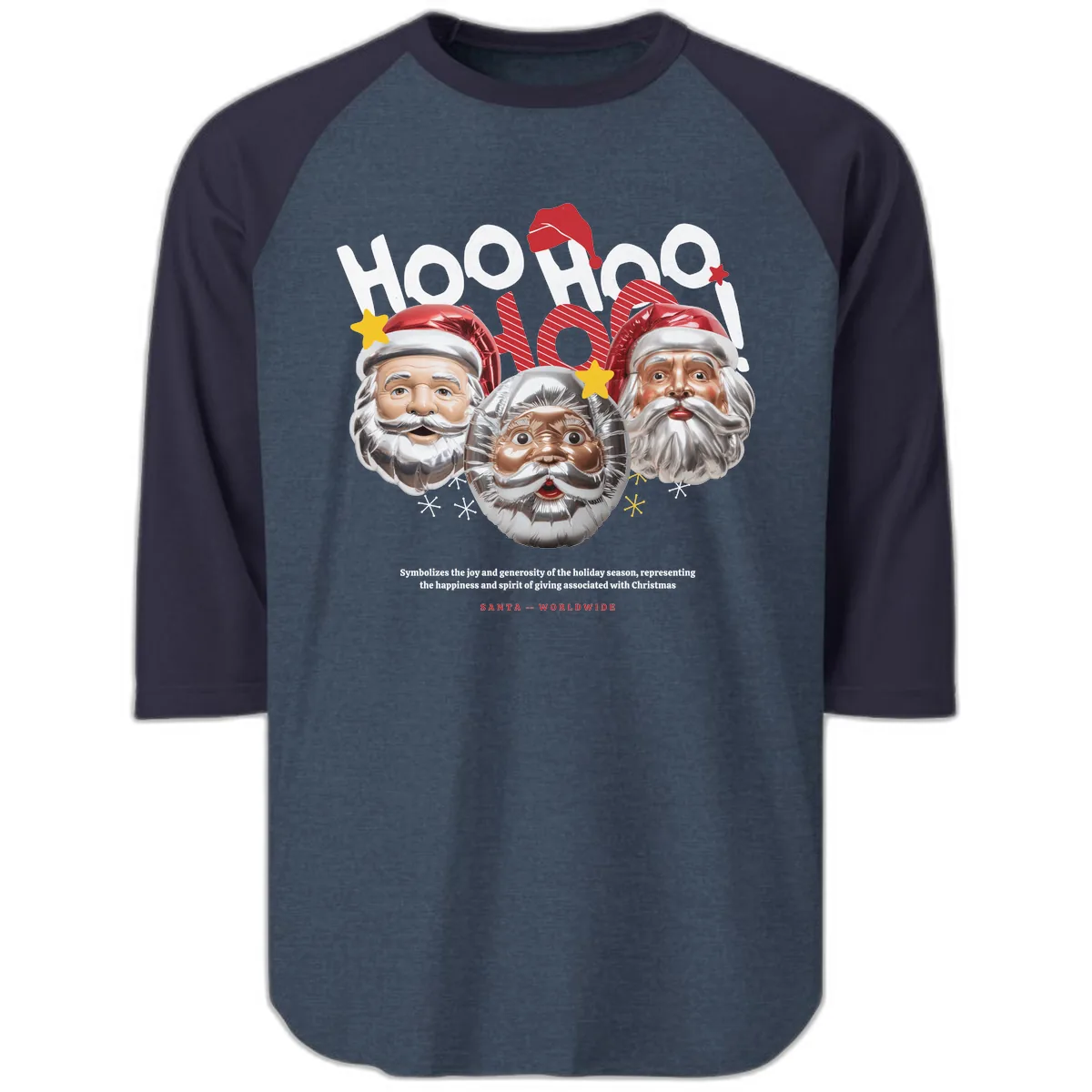 Hoo Hoo Hoo Santa Faces Raglan 3/4 in Heather Denim Navy