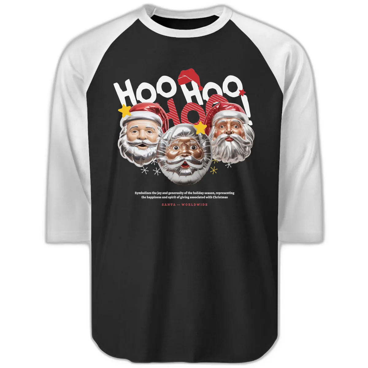 Hoo Hoo Hoo Santa Faces Raglan 3/4 in Black White