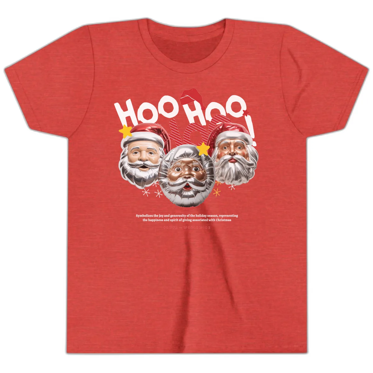 Hoo Hoo Hoo Santa Faces Youth T-Shirt in Heather Red