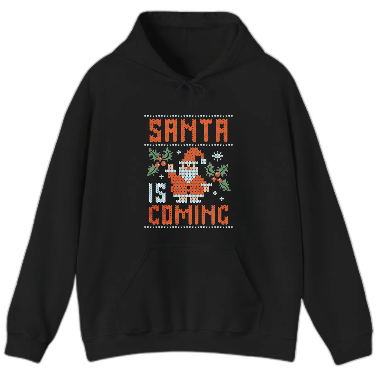 Santa Is Coming Ugly Christmas Sweater Hoodie in Black