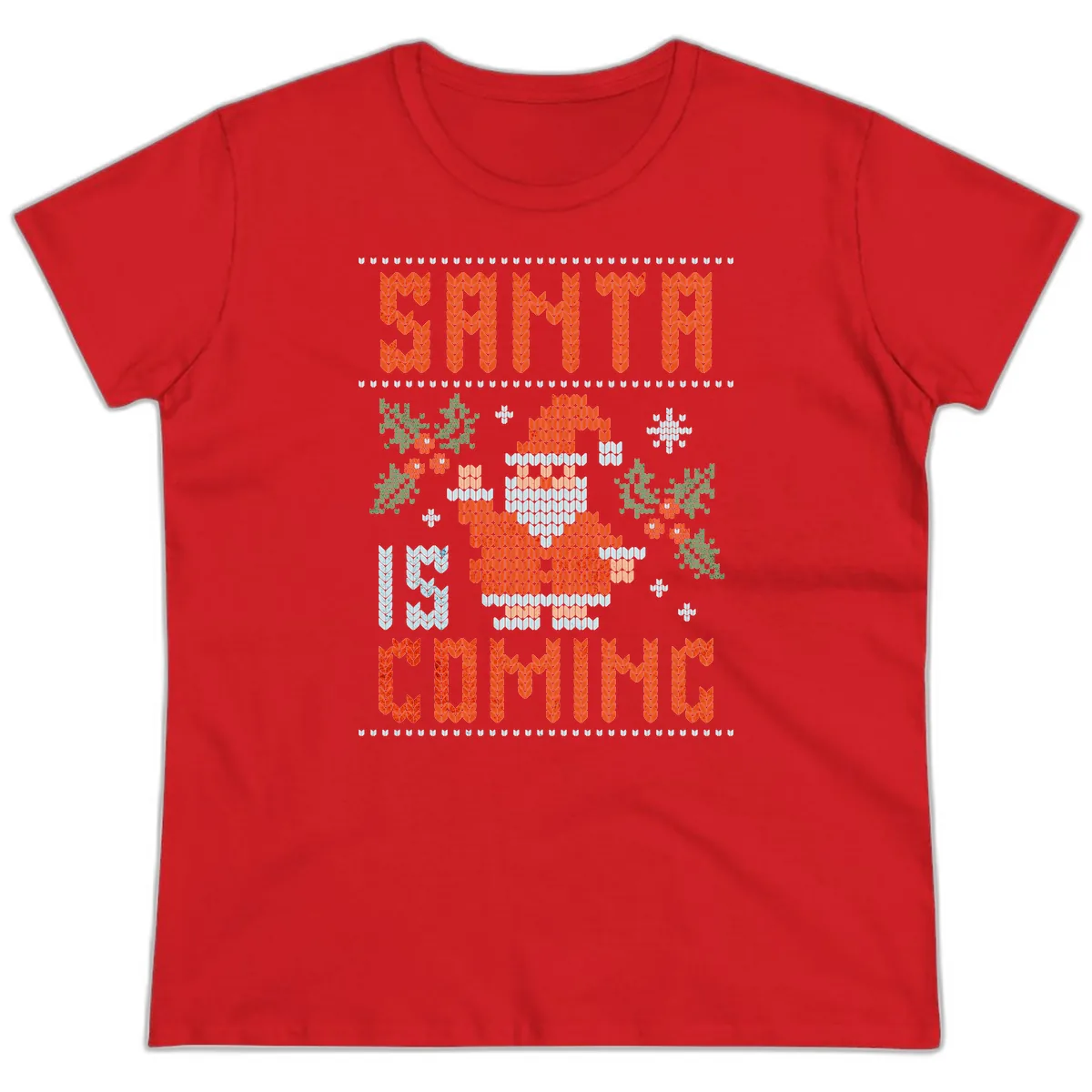 Santa Is Coming Ugly Christmas Sweater Ladies Tee in Red