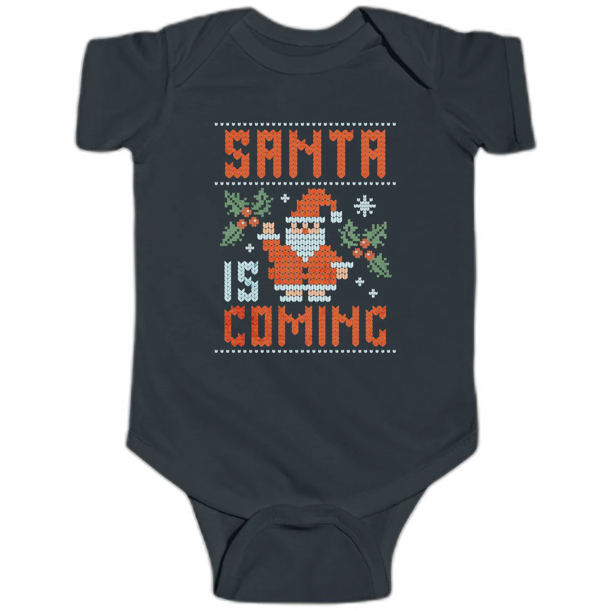 Santa Is Coming Ugly Christmas Sweater Baby Onesie in Black