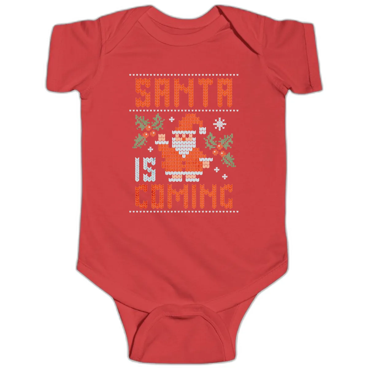 Santa Is Coming Ugly Christmas Sweater Baby Onesie in Red