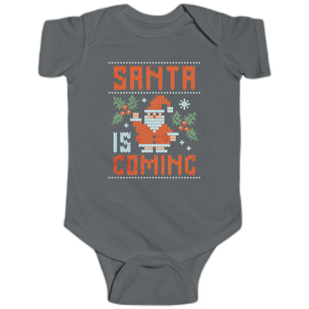 Santa Is Coming Ugly Christmas Sweater Baby Onesie in Charcoal