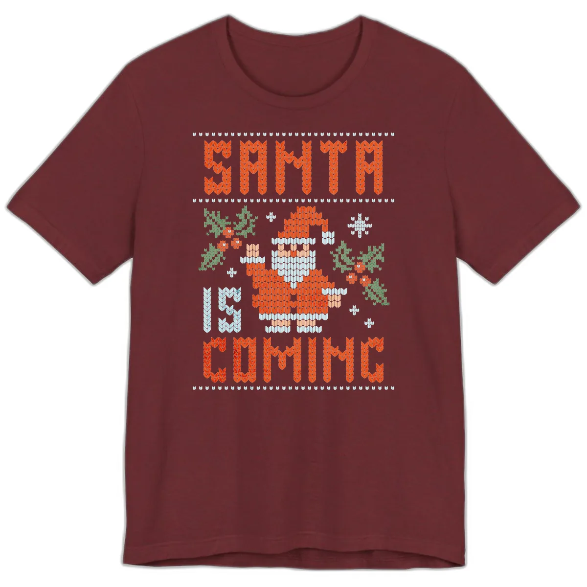 Santa Is Coming Ugly Christmas Sweater Premium T-Shirt in Heather Cardinal