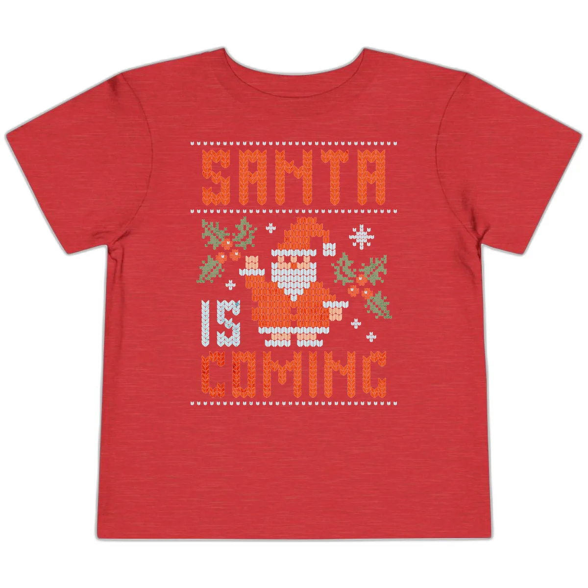 Santa Is Coming Ugly Christmas Sweater Toddler T-Shirt in Heather Red