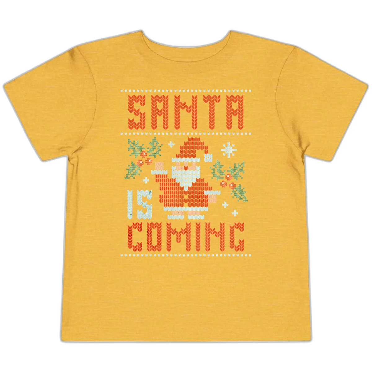 Santa Is Coming Ugly Christmas Sweater Toddler T-Shirt in Heather Yellow Gold