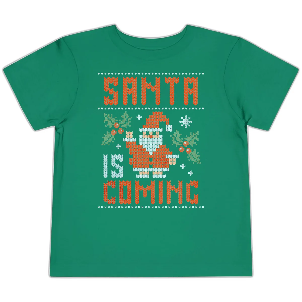 Santa Is Coming Ugly Christmas Sweater Toddler T-Shirt in Kelly